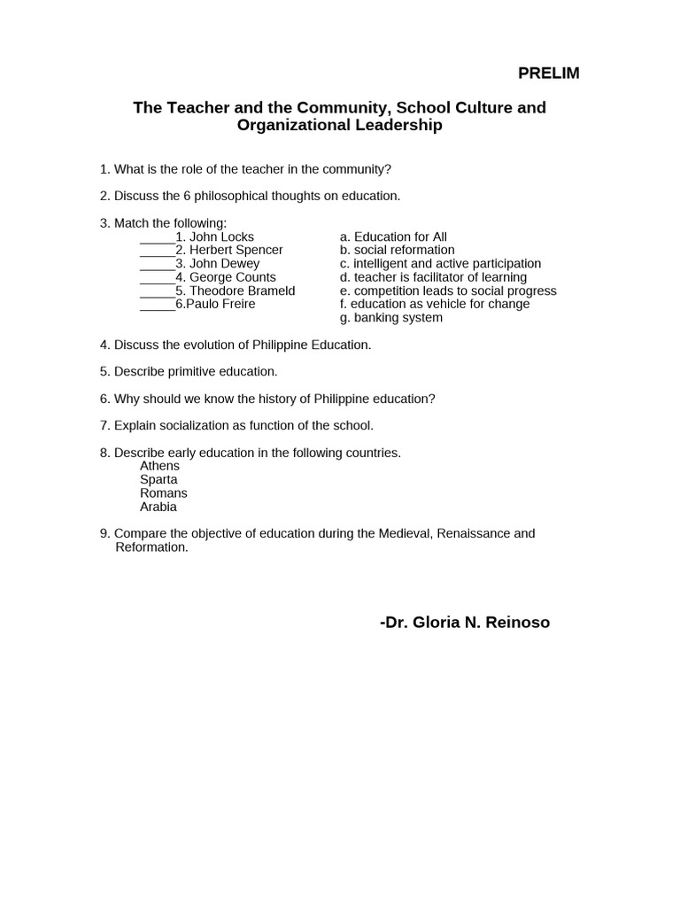Prelim The Teacher and The Community Study Question Handouts | PDF ...