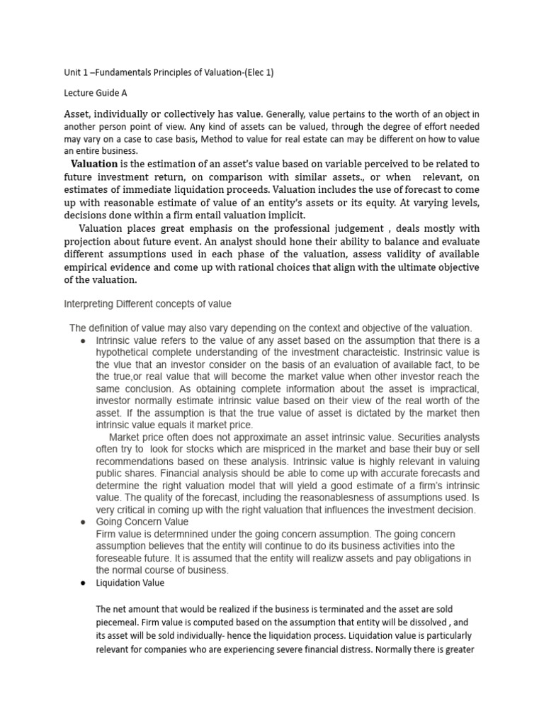 Lecture Guide A Unit 1 Fundamental Principle Of Valuation Pdf