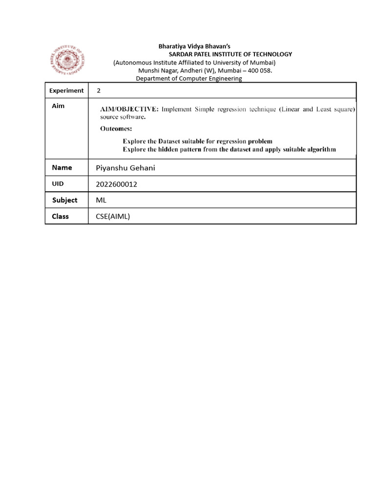 Regression Analysis Experiment in ML | PDF
