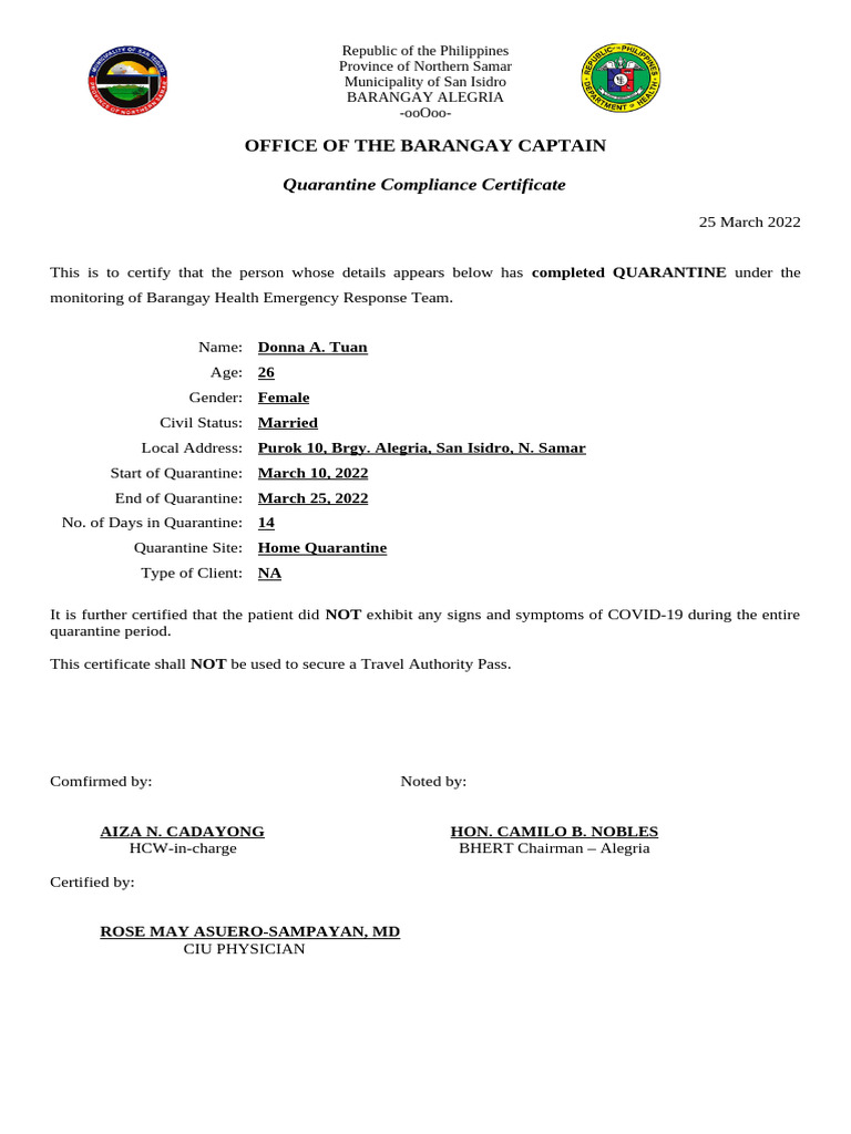 Quarantine Certificate | PDF | Health Care | Diseases And Disorders