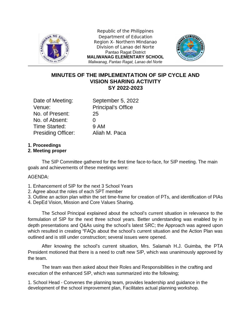SIP Cycle Meeting Minutes 2022-2023 | PDF | Learning | Teachers