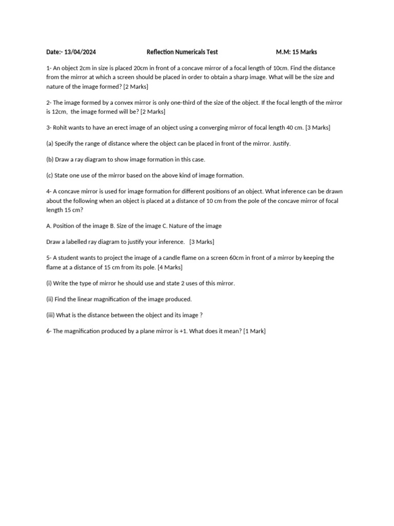 Reflection Numericals Test for Mirrors | PDF