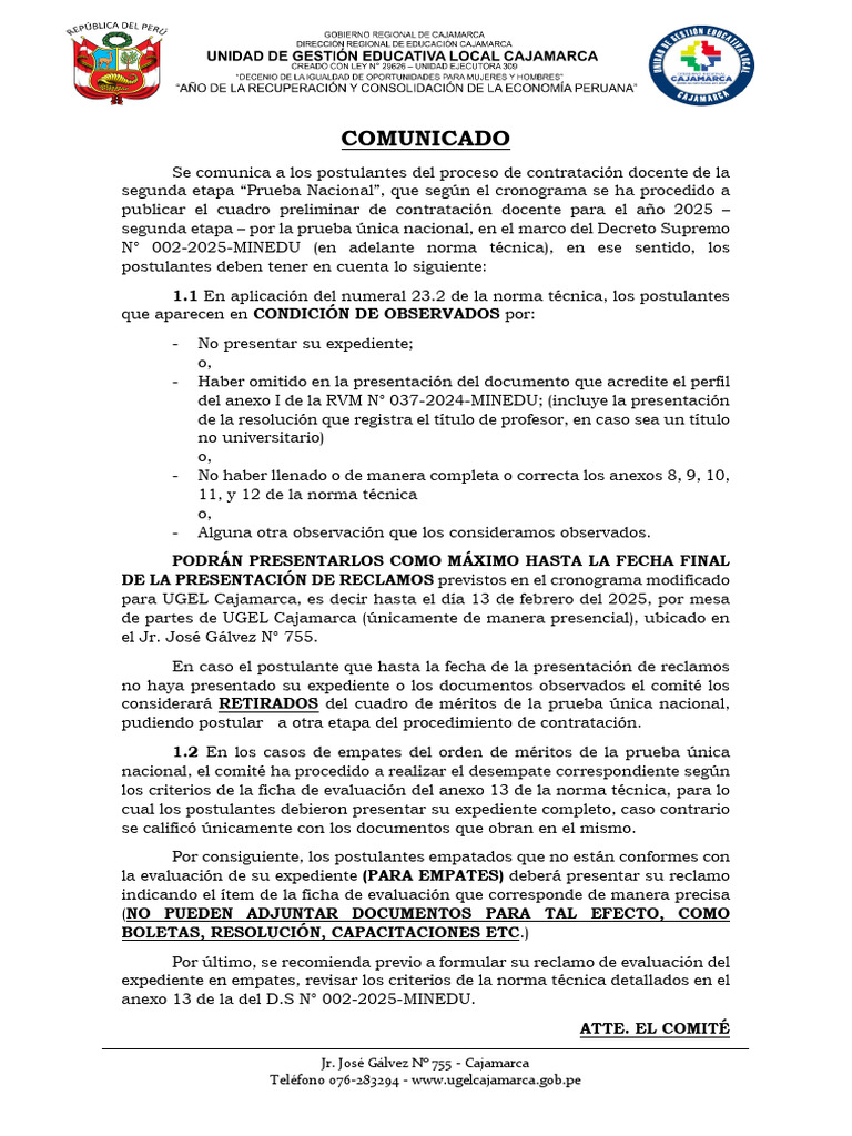 Comunicado para Subsanar Observaciones | PDF