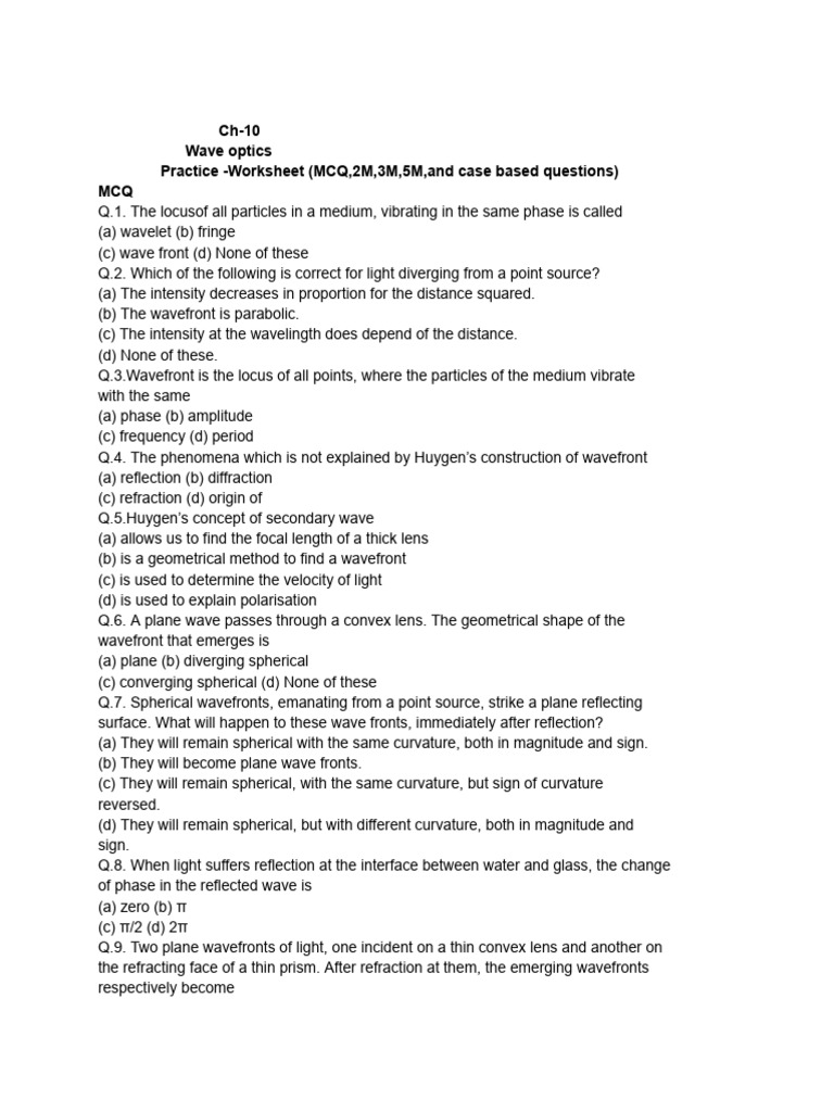 Wave Optics MCQ Practice Worksheet | PDF | Diffraction | Wavelength