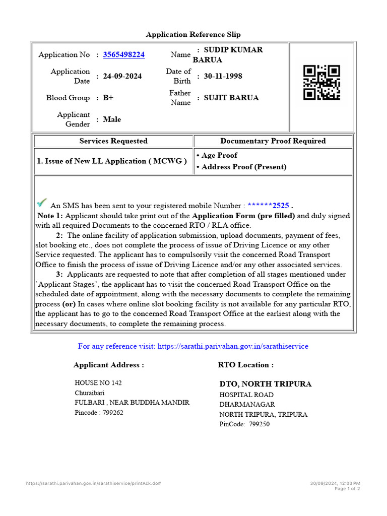 Driving Licence Application Reference Slip | PDF | Road Transport ...