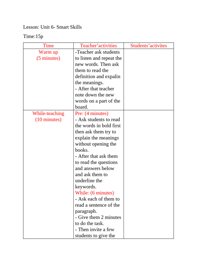 Lesson Plan Smart Skill Unit 6 | PDF