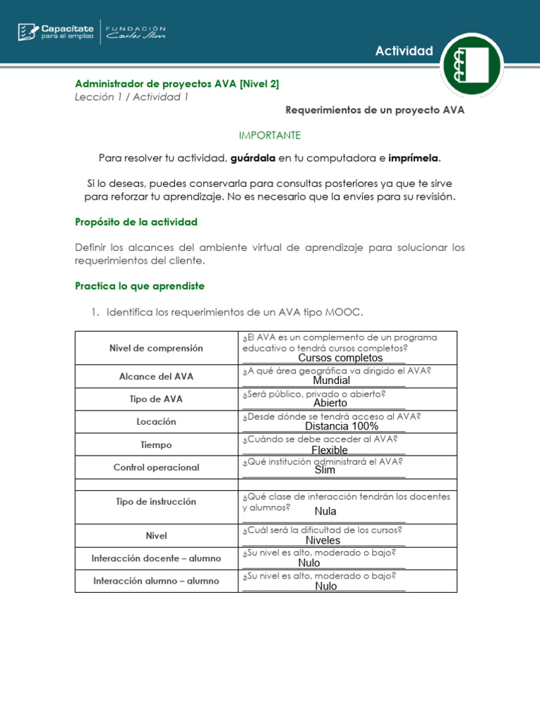 Requerimientos para un Proyecto AVA MOOC | PDF | Curso abierto masivo ...