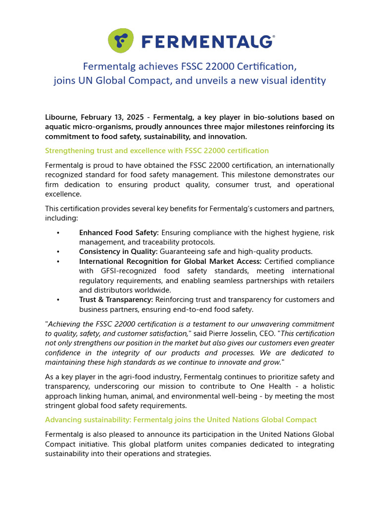 Fermentalg Achieves FSSC 22000 Certification | PDF | Sustainability ...
