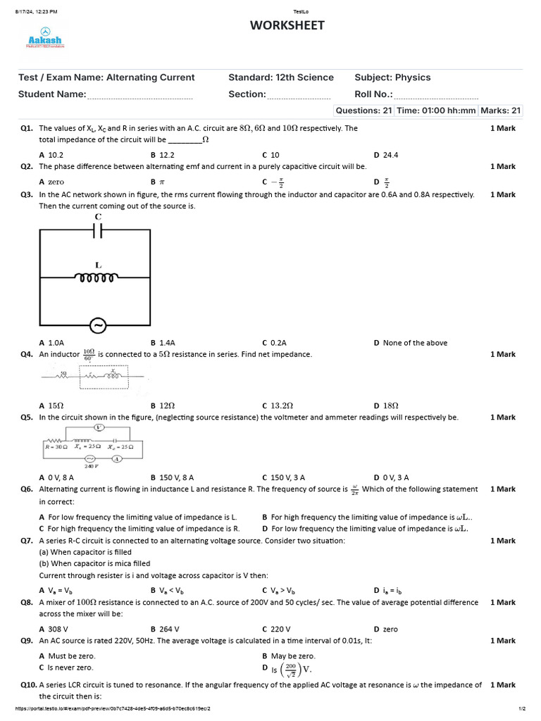 Alternating Current Exam Questions | PDF | Electrical Impedance | Capacitor