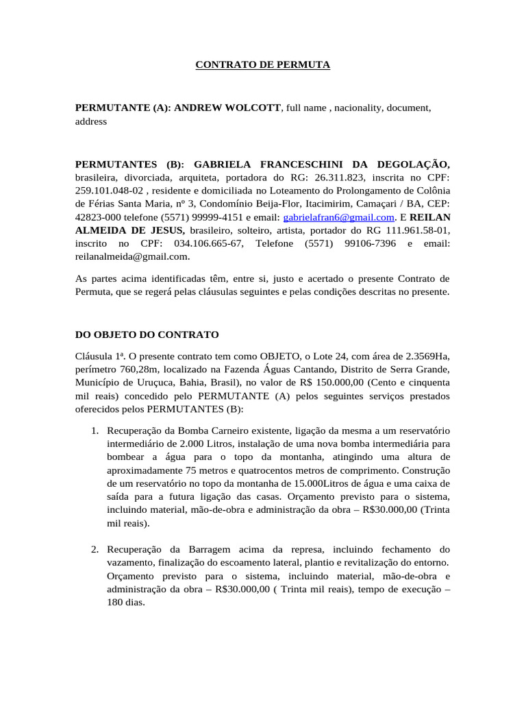 Contrato de Permuta de Imóvel em Uruçuca | PDF