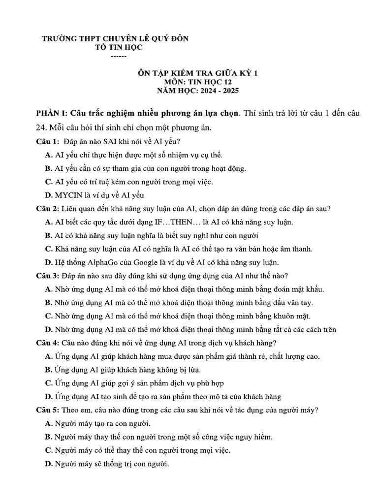 On Tap Giua Ky 1 Tin 12 1 | PDF