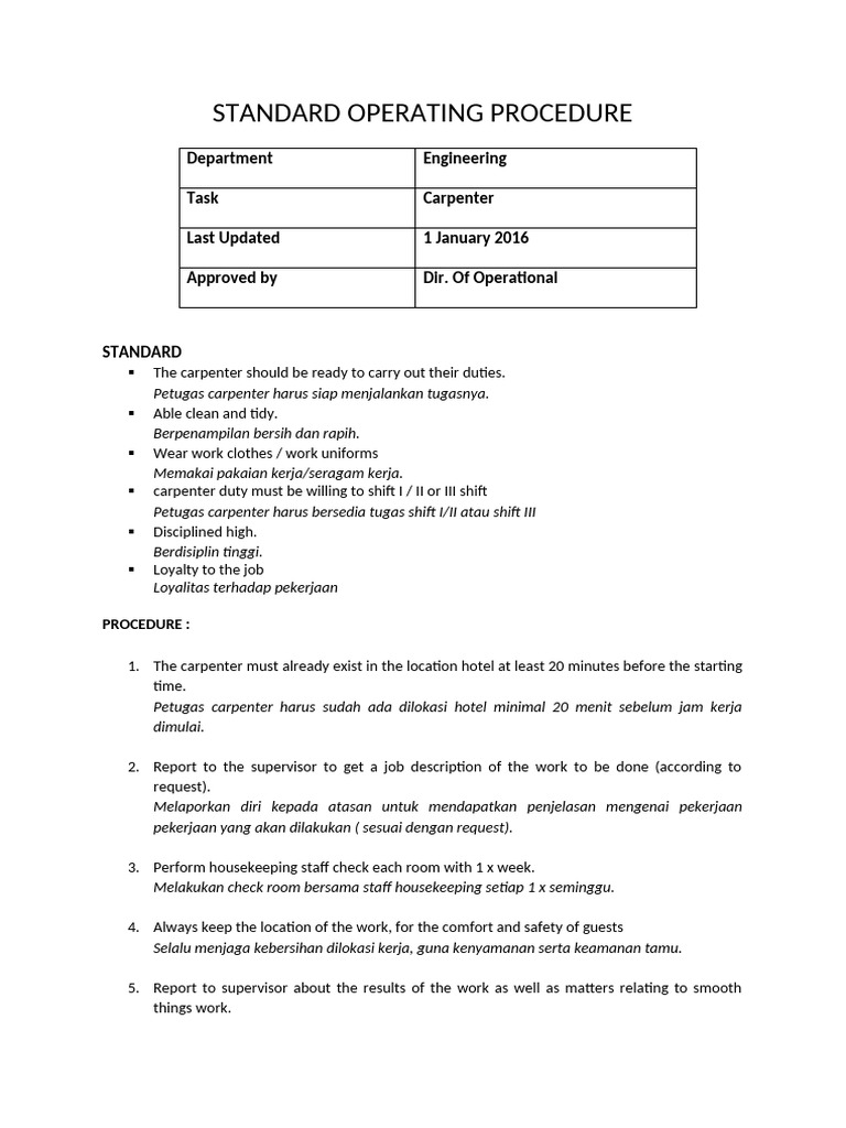 Carpenter SOP and Responsibilities | PDF