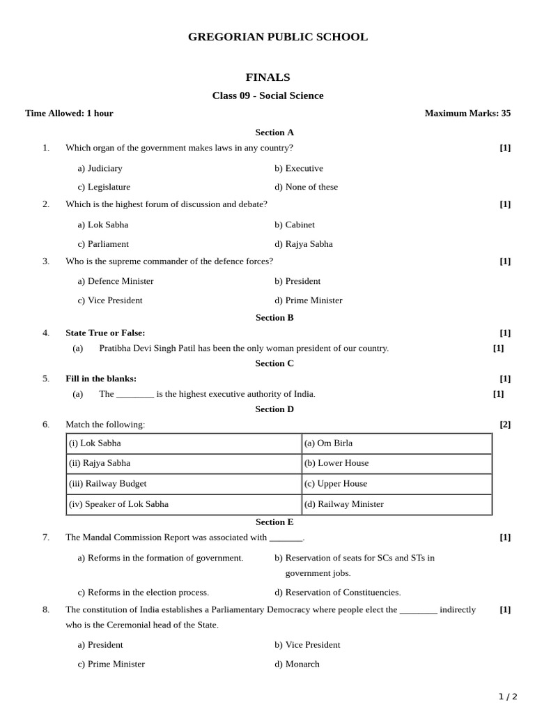 Class 09 Social Science Finals Exam Guide | PDF | Government ...