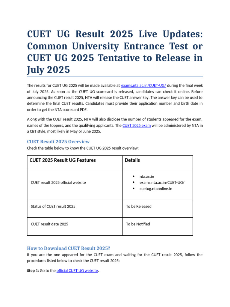 CUET UG 2025 Result Release Details | PDF | Percentile | University And ...