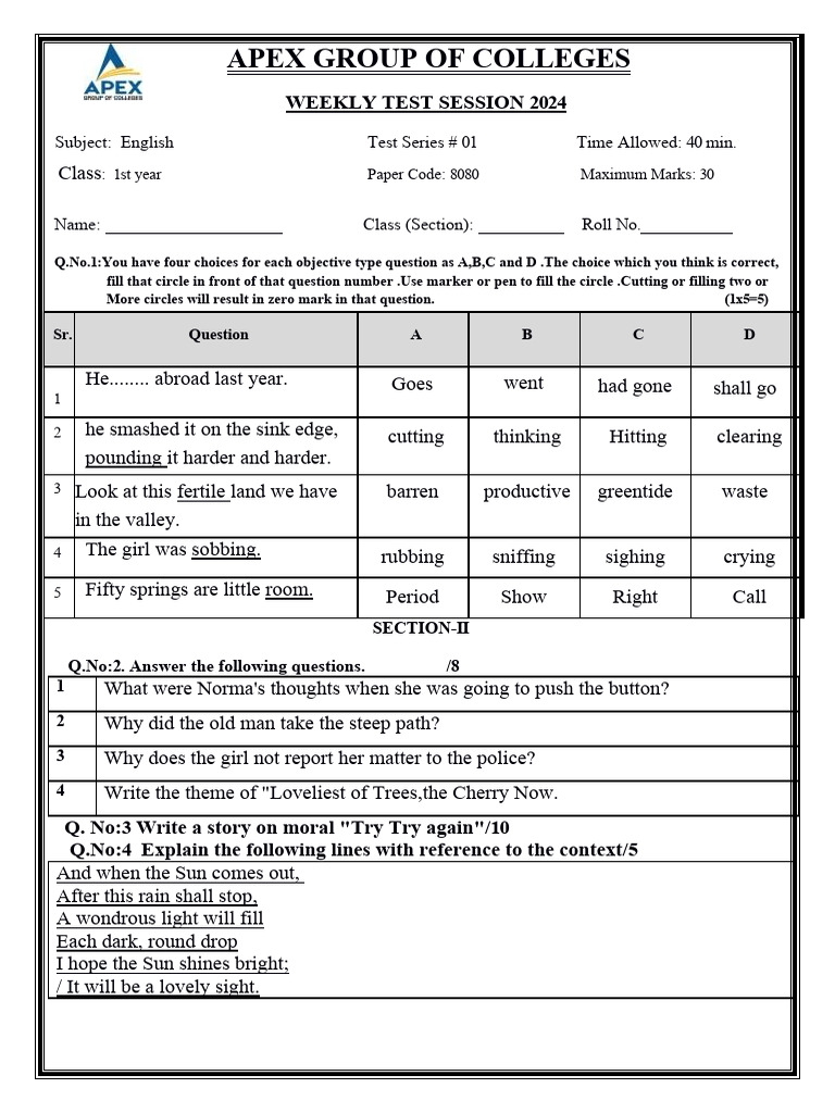 1st Year English Test Series #01 | PDF
