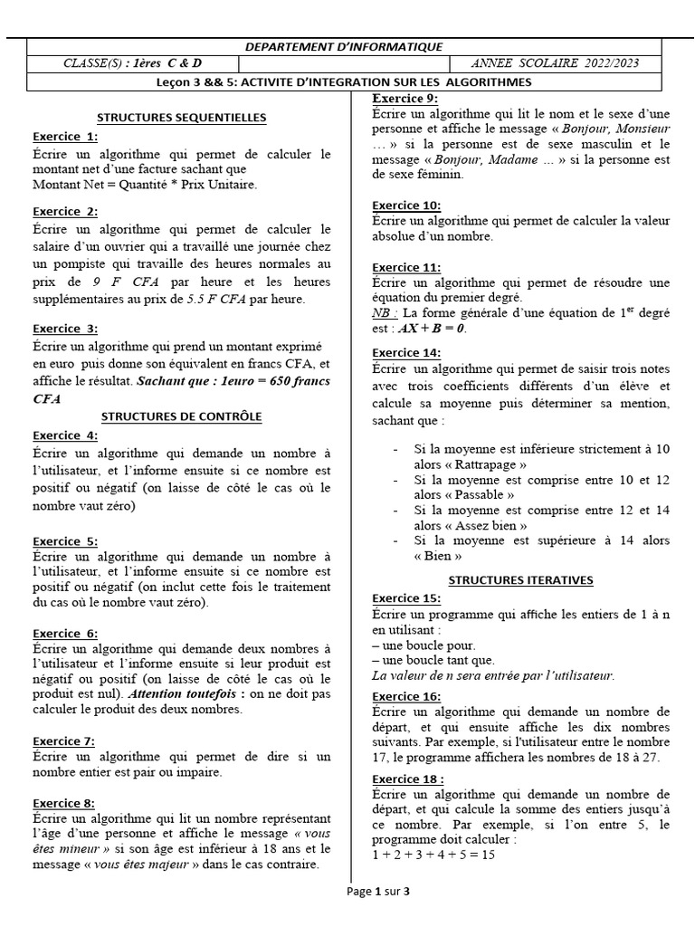 Exercices d'algorithmes en informatique | PDF | Taxe sur la valeur ...