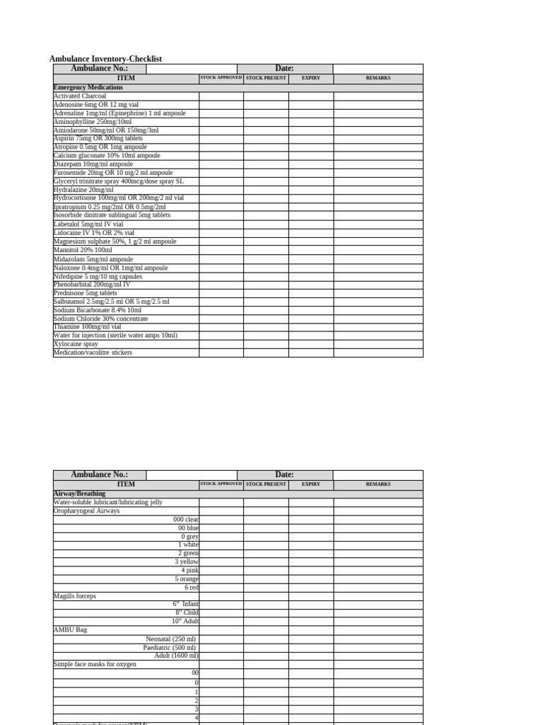 Ambulance Inventory Checklist | PDF | Medical Equipment | Clinical Medicine