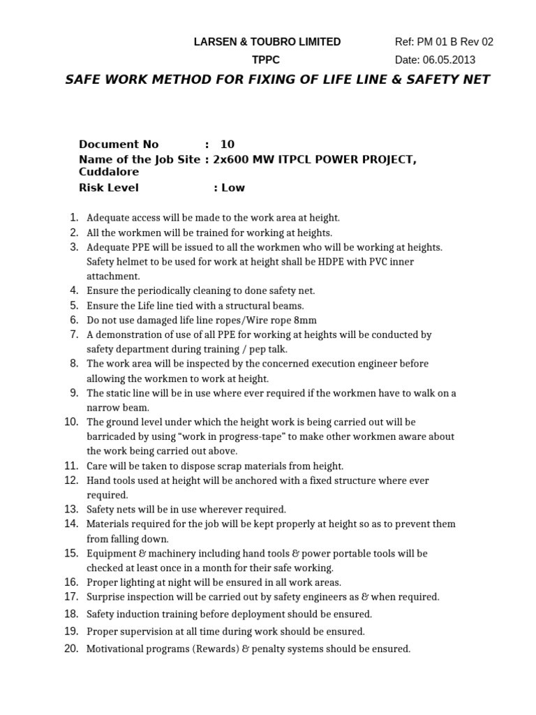 SWM - 10 - SWM Fixing of Life Line & Saety Net | PDF | Safety