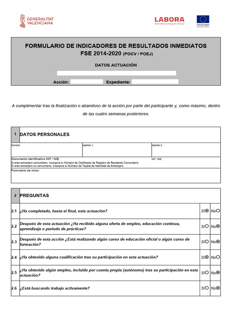 Formulario FSE: Indicadores Resultados | PDF
