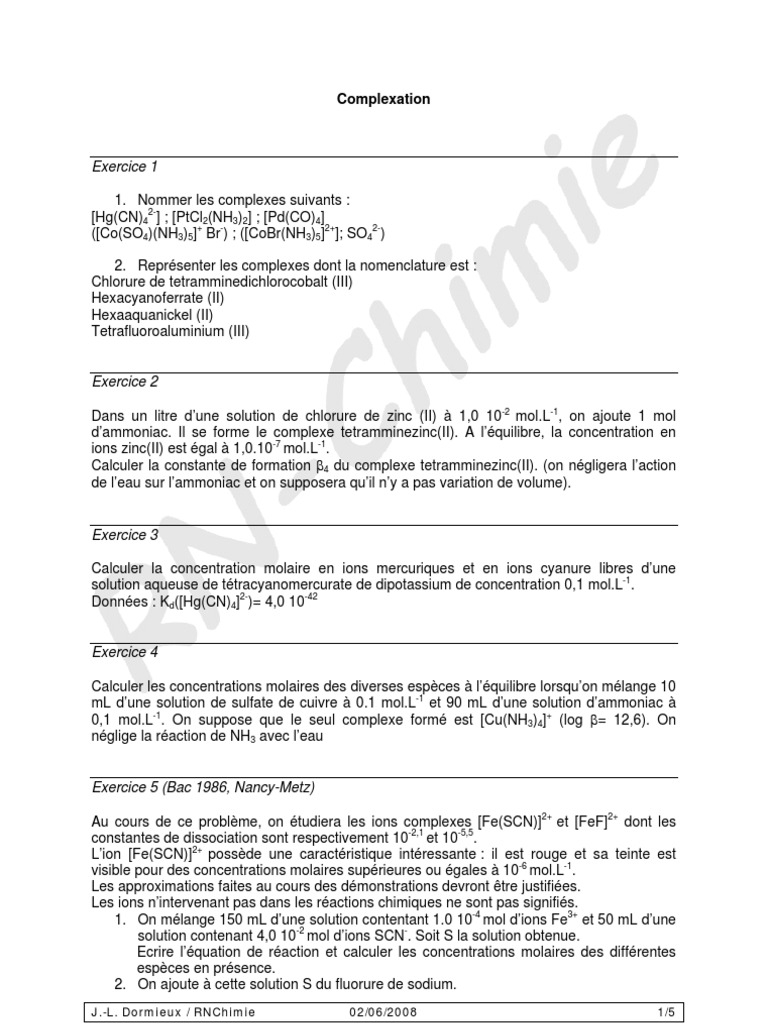 Complexes et Calculs de Chimie Inorganique | PDF | Ion | Dissociation ...