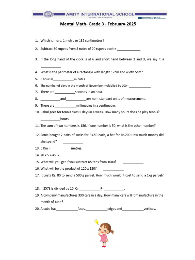 Mental Maths Exercises for Class 3 | PDF