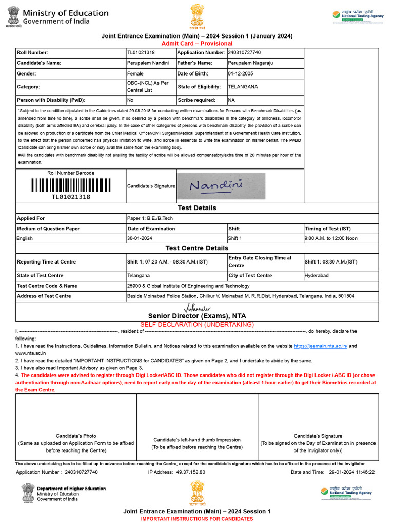Jeemain - Ntaonline.in Admit Card | PDF | Identity Document