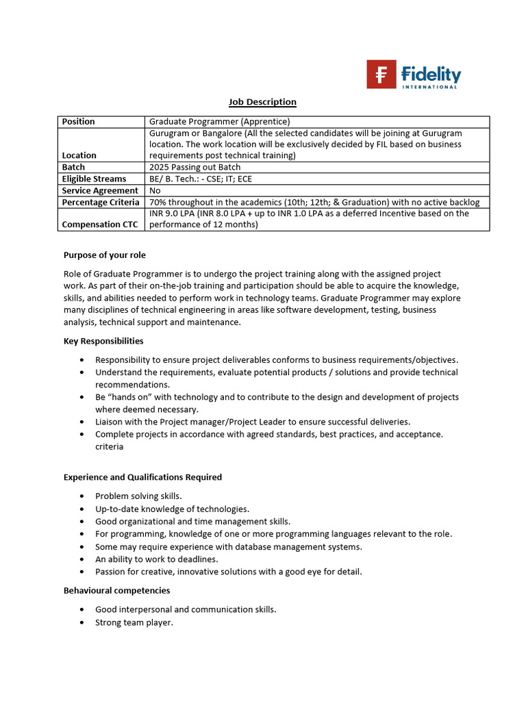 Job Description Technology Graduate Programmer 2025 | PDF | Skill ...