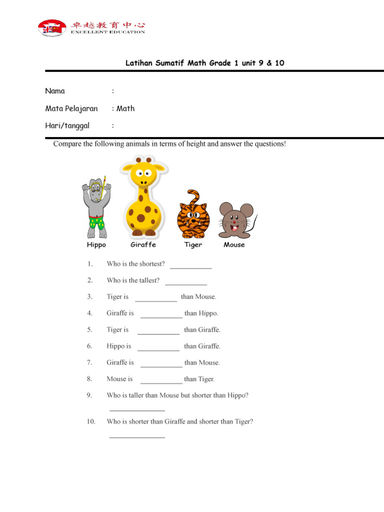 Latihan Sumatif Math Grade 1 Unit 9 Dan 10 | PDF