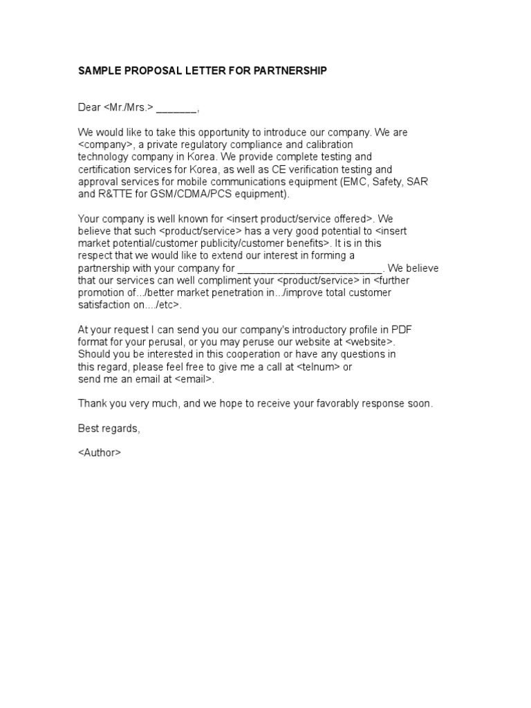 Sample Proposal Letter for Partnership Sample Proposal Letter for Partnership