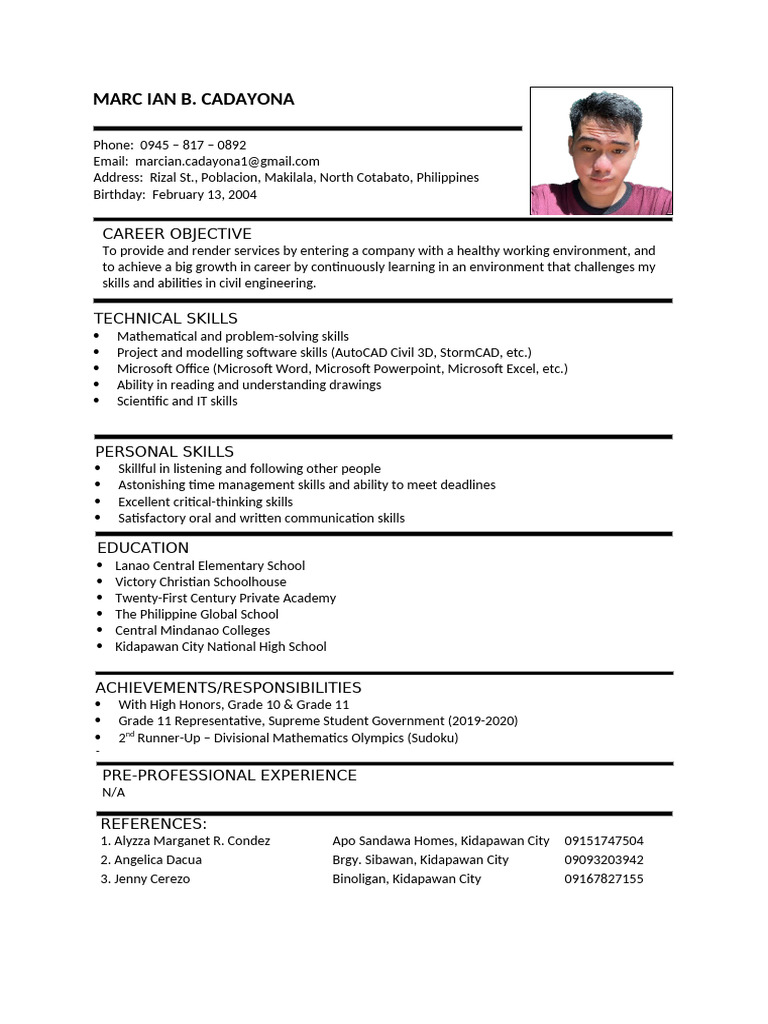 Civil Engineer Resume of Marc Ian B. Cadayona | PDF