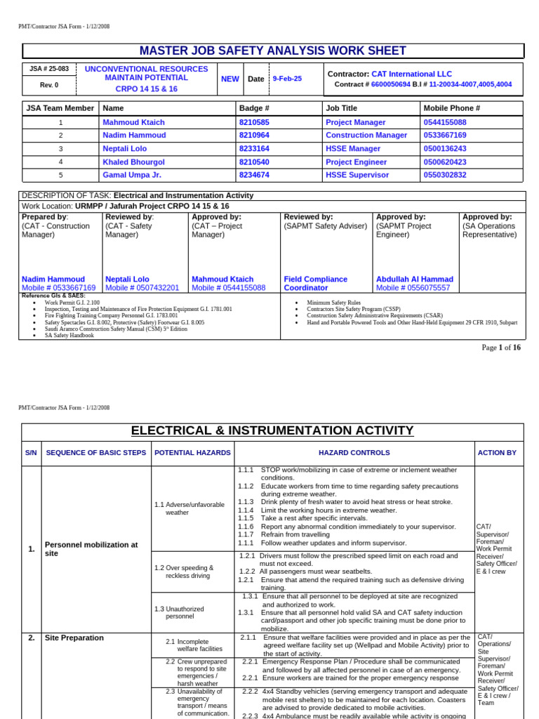 Electrical & Instrumentation JSA Form | PDF | Insulator (Electricity ...
