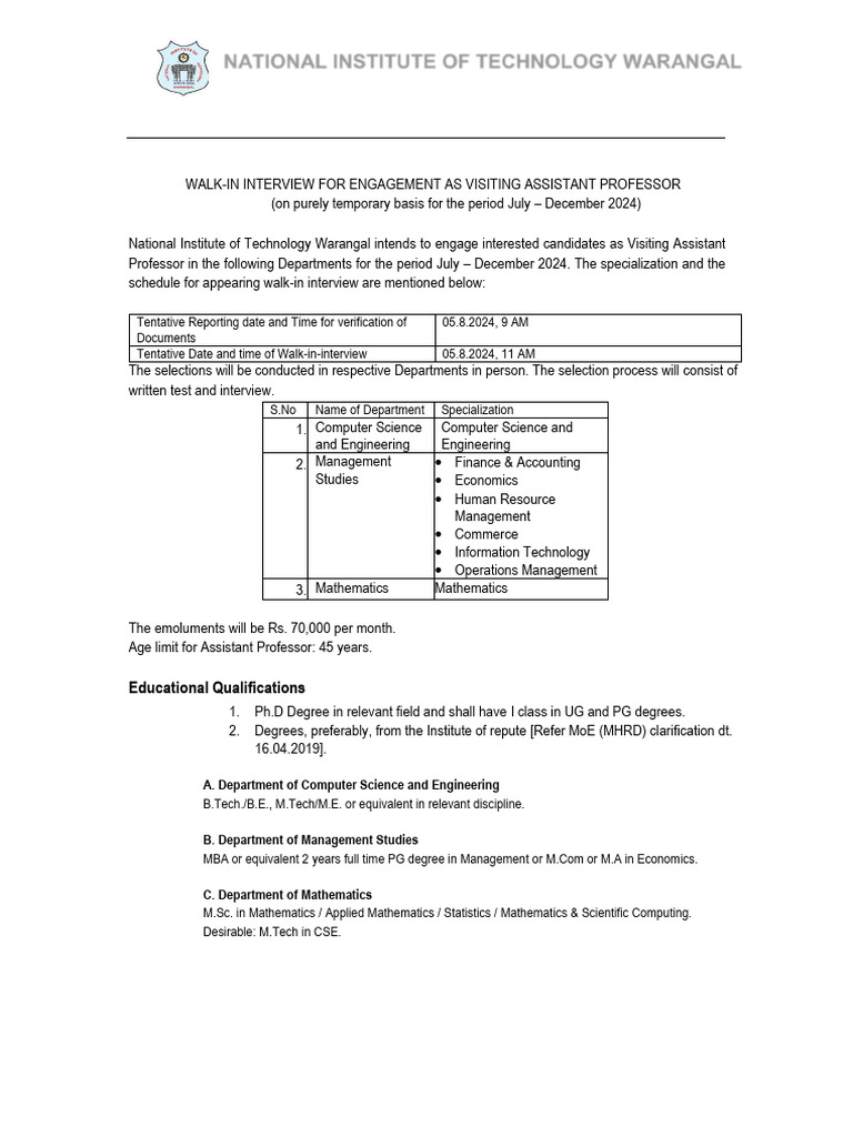 NIT Warangal Walk-In for Visiting Professors | PDF