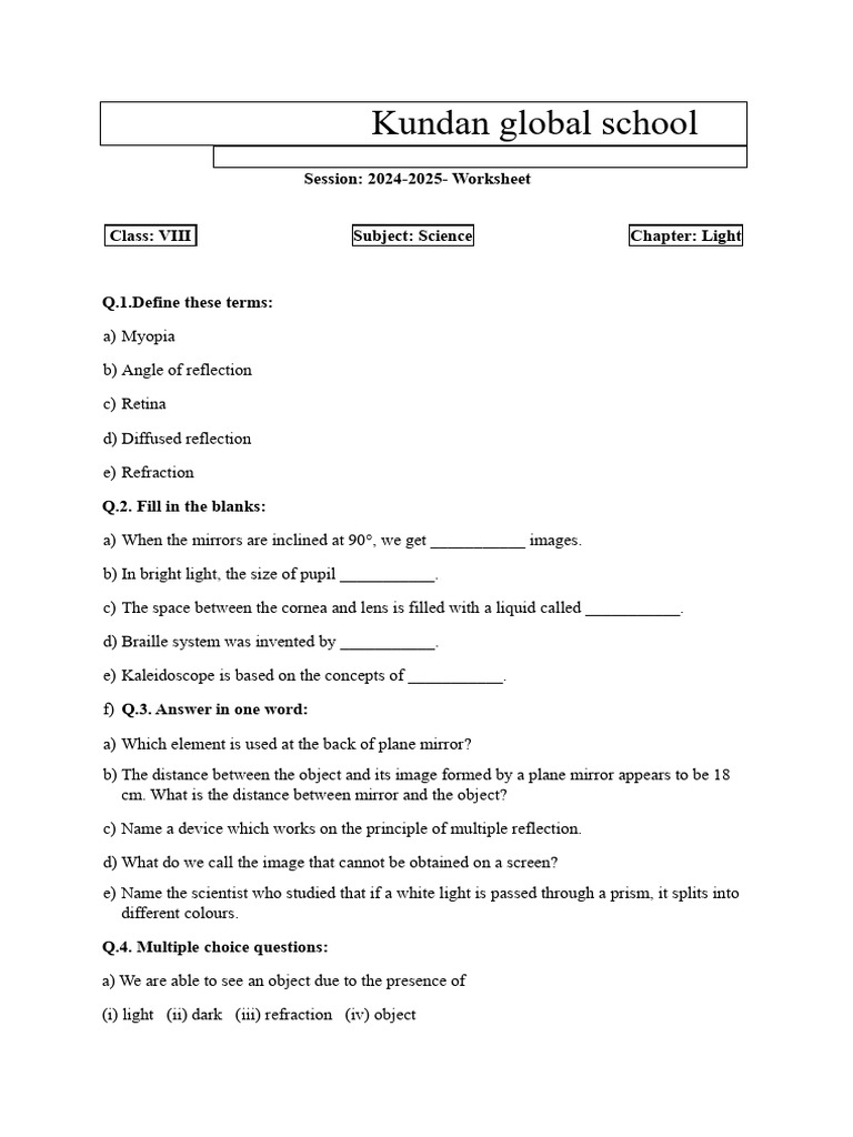 Class VIII Science Worksheet on Light | PDF