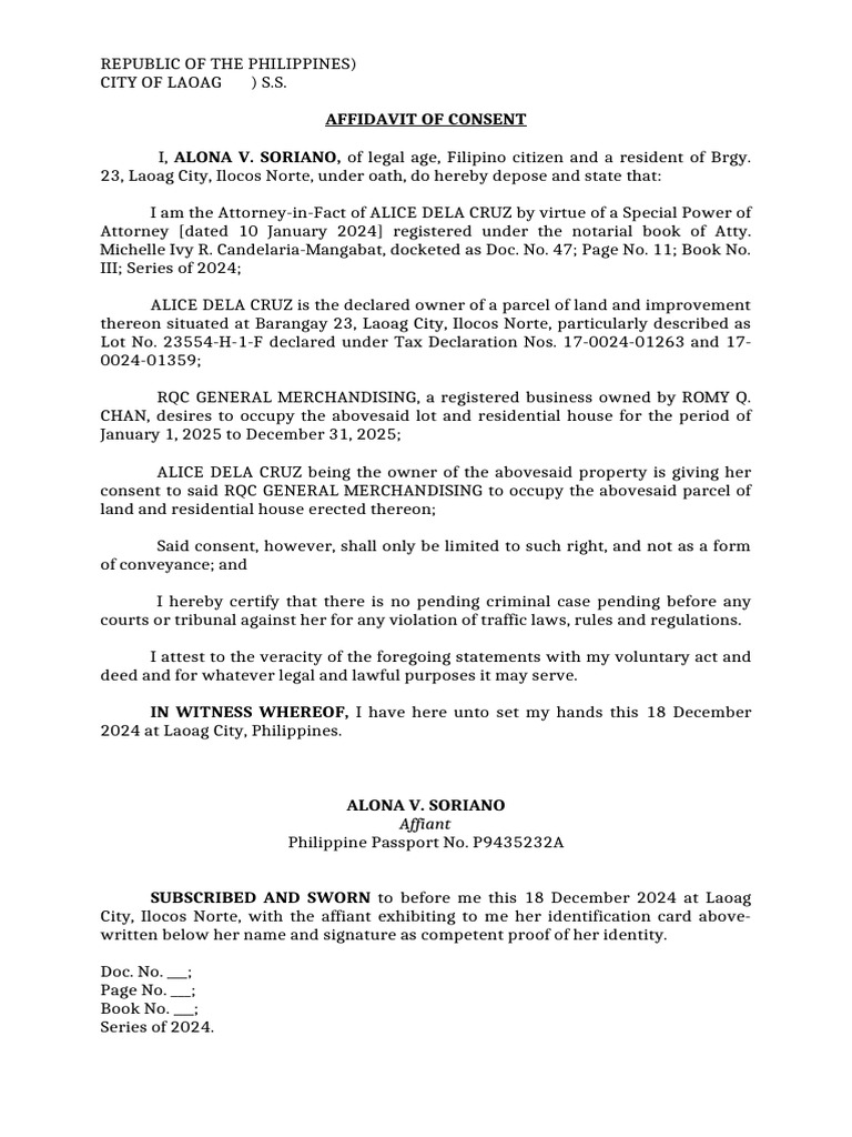 Affidavit of Consent for Property Use | PDF