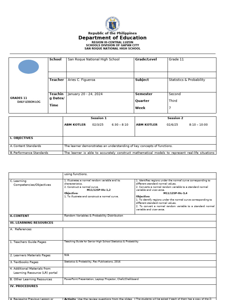 Grade 11 Statistics Lesson Plan | PDF | Standard Score | Normal ...
