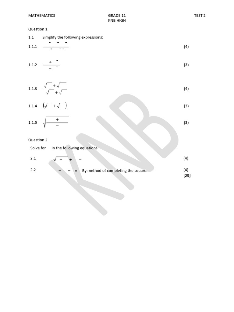 Grade 11 Math Test: Simplification & Equations | PDF