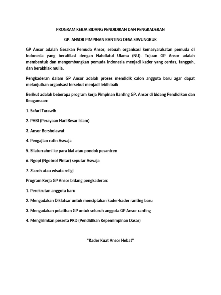 Program Kerja Pendidikan GP Ansor Siwungkuk | PDF