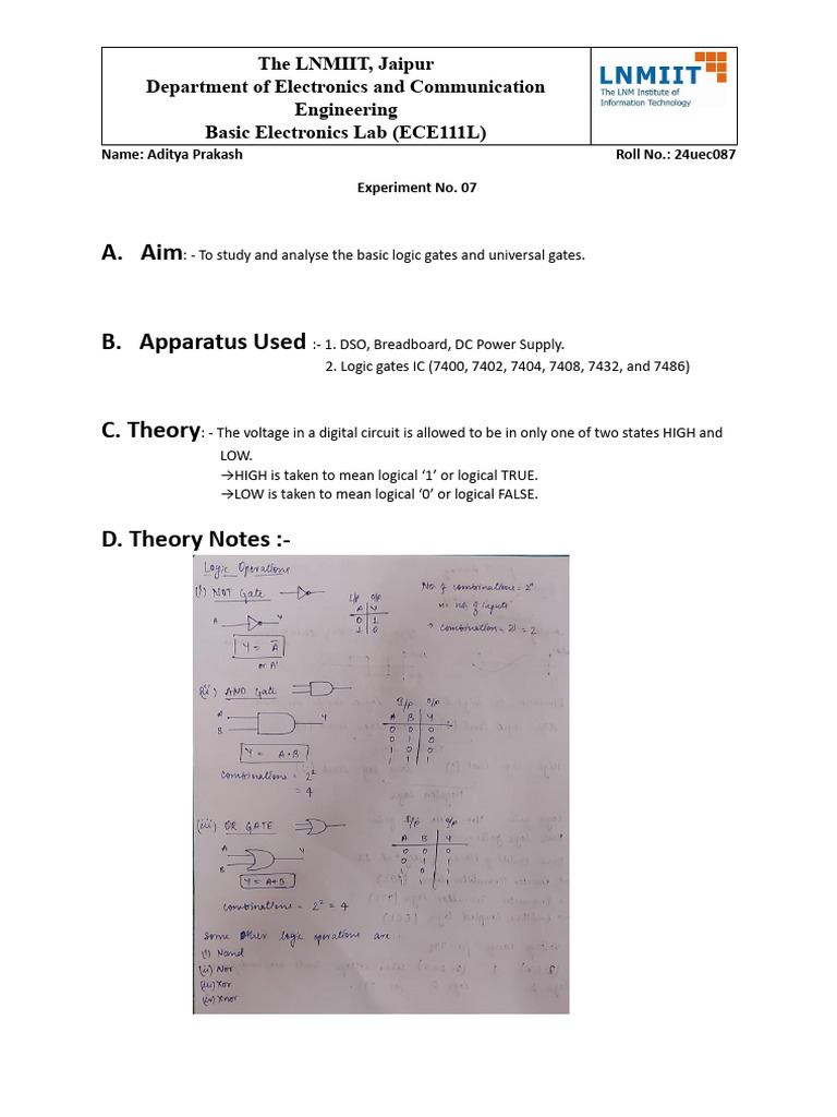 Basic Logic Gates Experiment Report | PDF