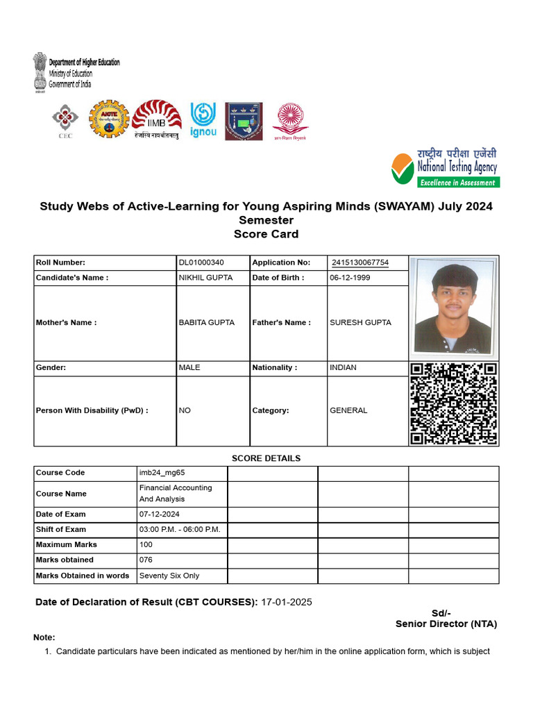 SWAYAM July 2024 Score Card Details | PDF
