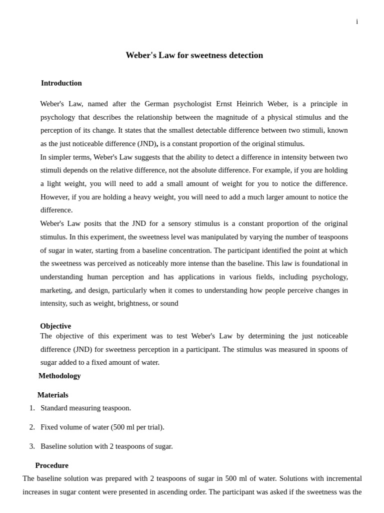 Weber's Law in Sweetness Detection | PDF | Perception | Behavioural ...