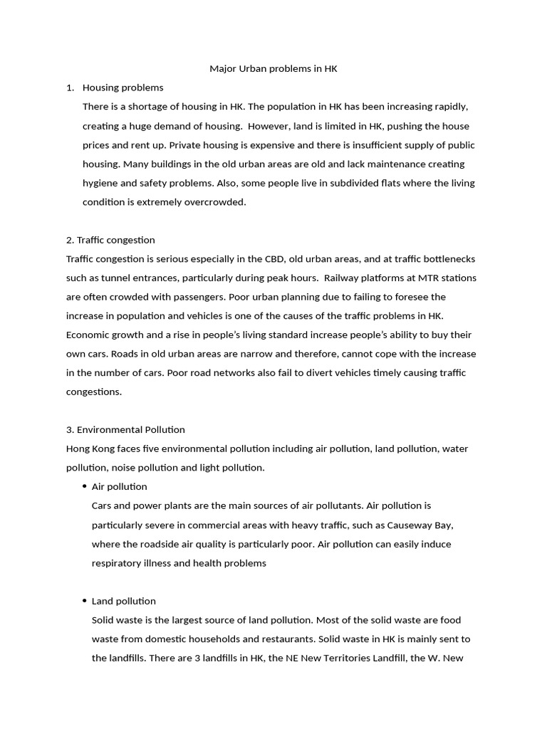 Urban Challenges in Hong Kong: Housing, Traffic, Pollution | PDF ...