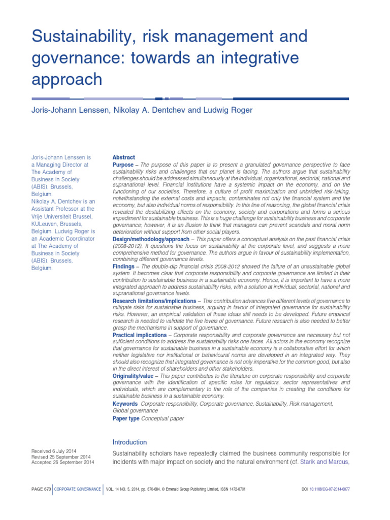 Integrated Governance for Sustainability Risks | PDF | Governance ...