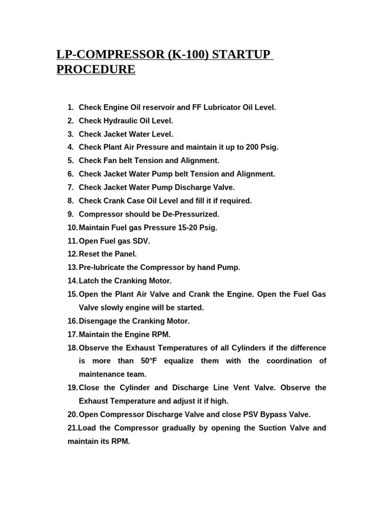 LP-Compressors Startup Procedure | PDF