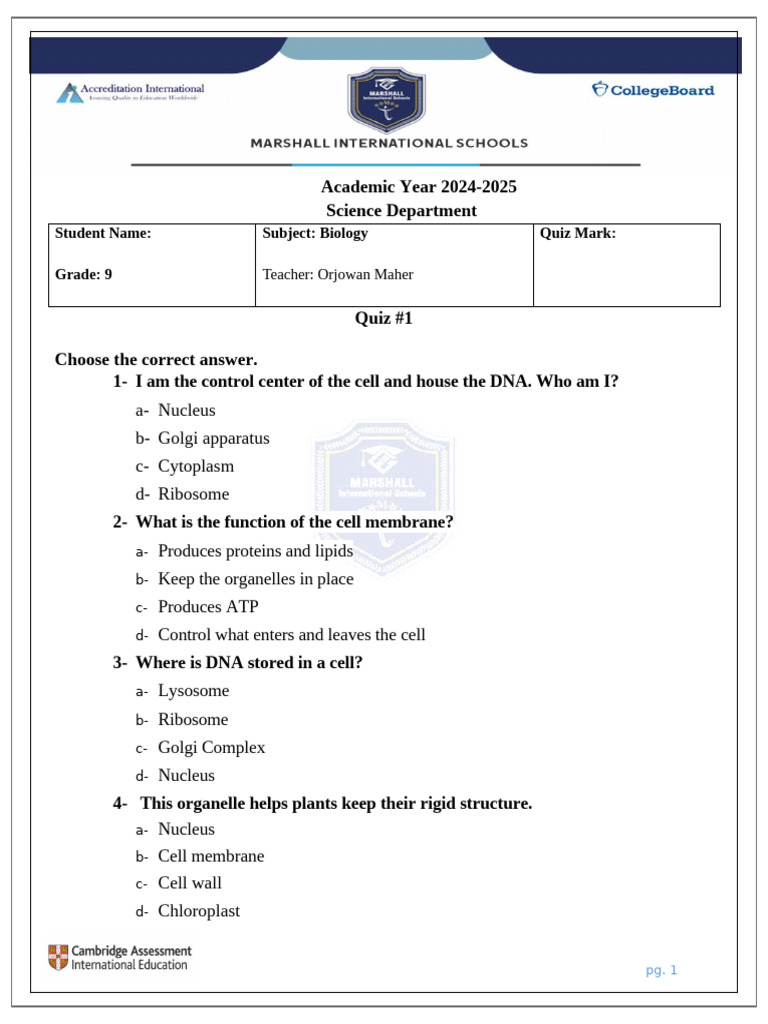 Biology Quiz for Grade 9 Students | PDF