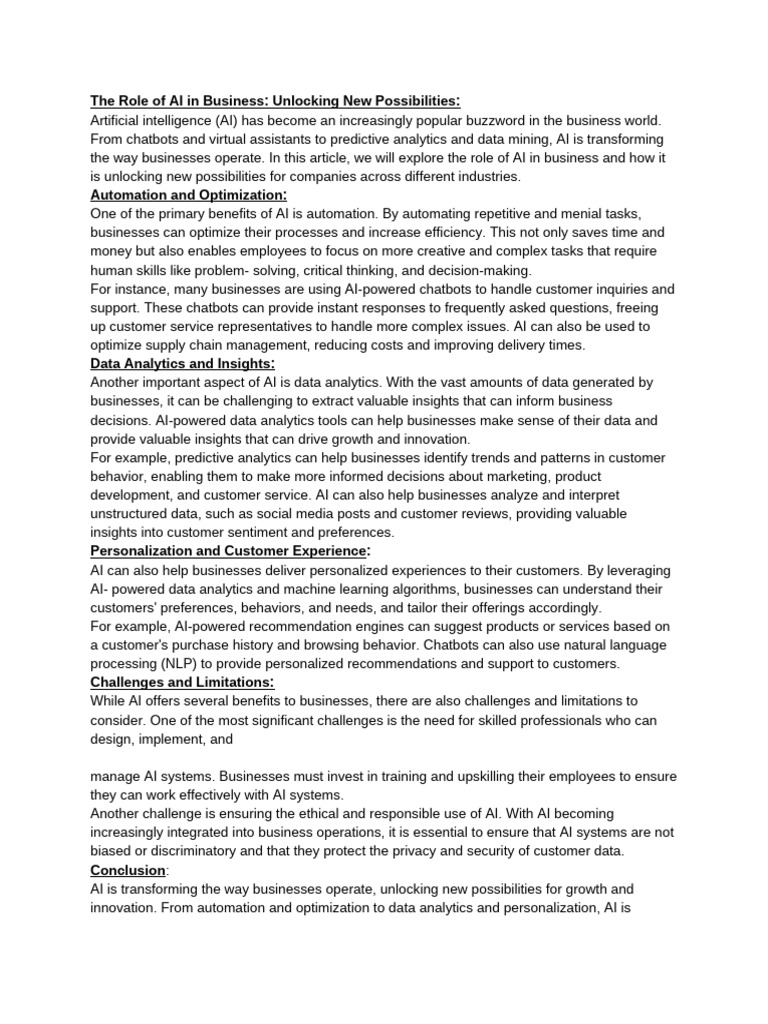 The Role of AI in Business - Unlocking New Possibilities | PDF ...