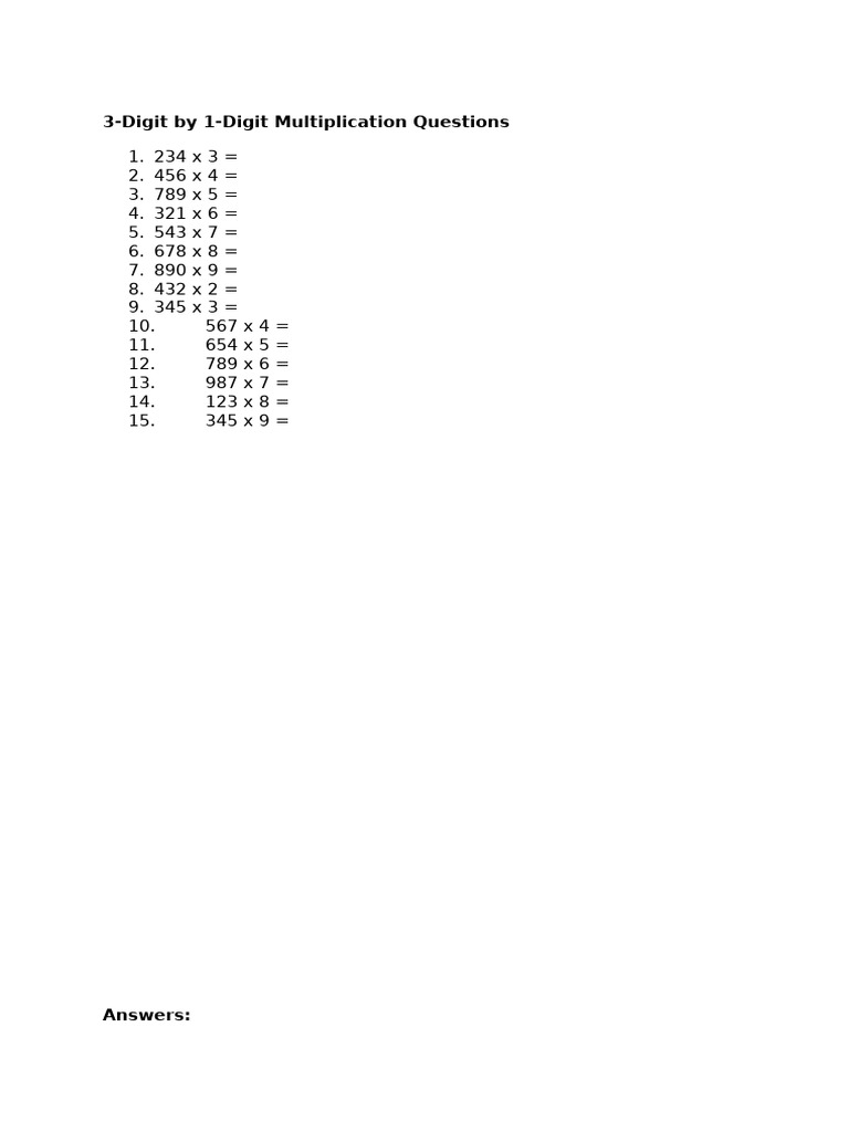 3-Digit by 1-Digit Multiplication Worksheet | PDF
