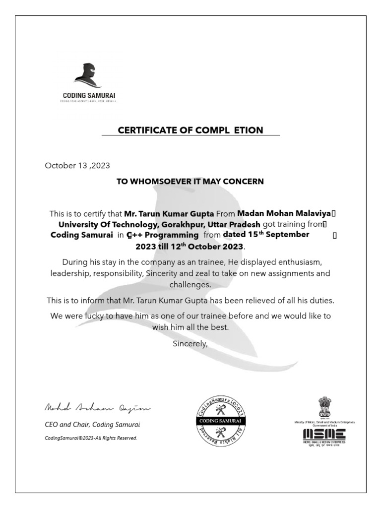 C++ Training Completion Certificate | PDF