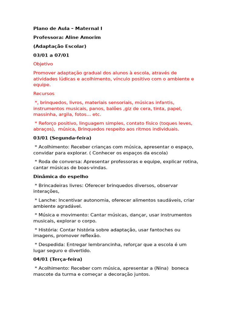 Plano de Aula: Adaptação Maternal I | PDF | Brinquedos