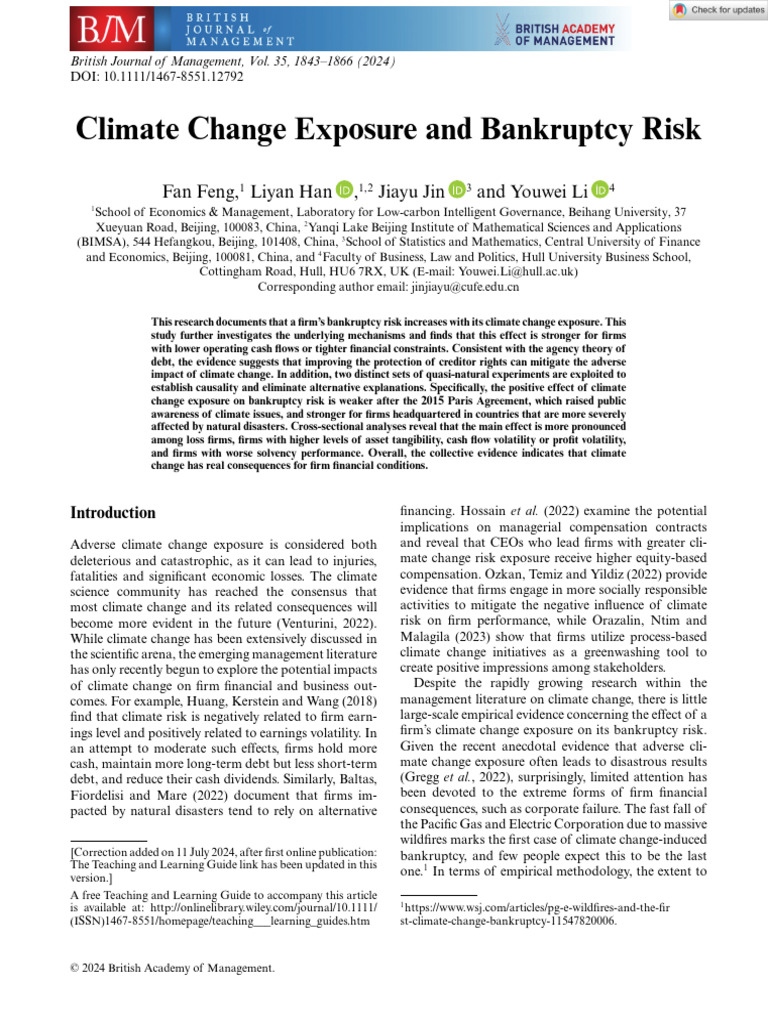 Climate Change Exposure and Bankruptcy Risk | PDF | Risk | Climate ...