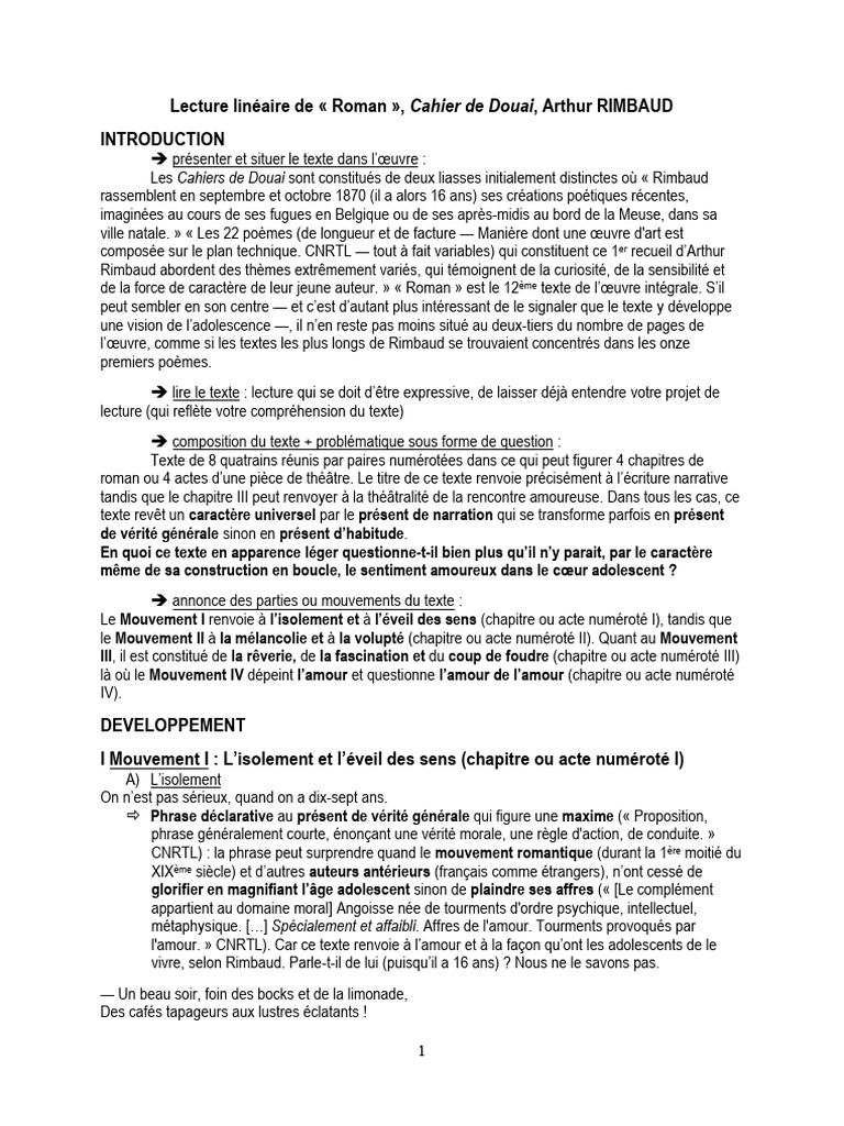 Roman, Arthur RIMBAUD Lecture linéaire | PDF | Amour | Romans